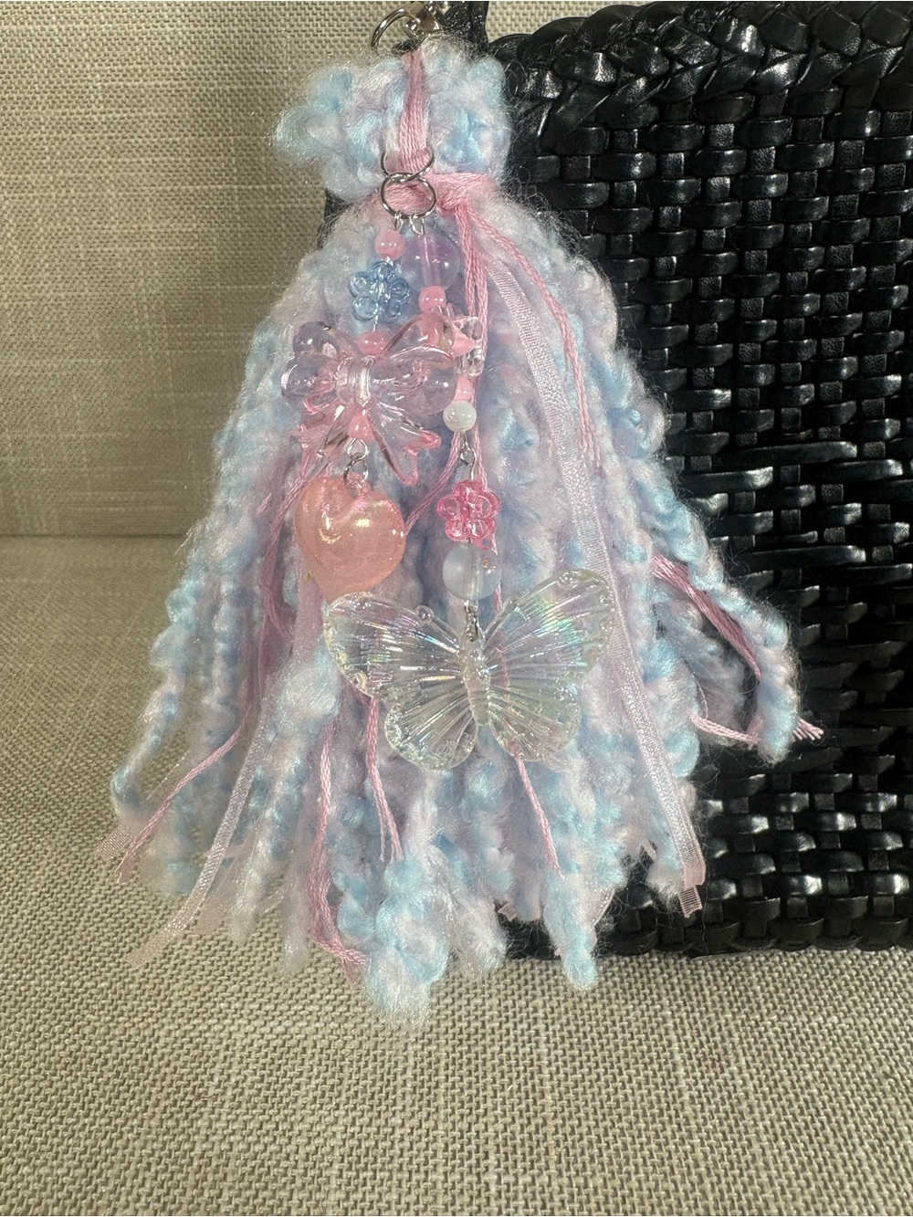 Hand Crafted Pastel Blue & Pink Tassel Keychain with Butterfly & Heart Charms - Picture 10 of 10